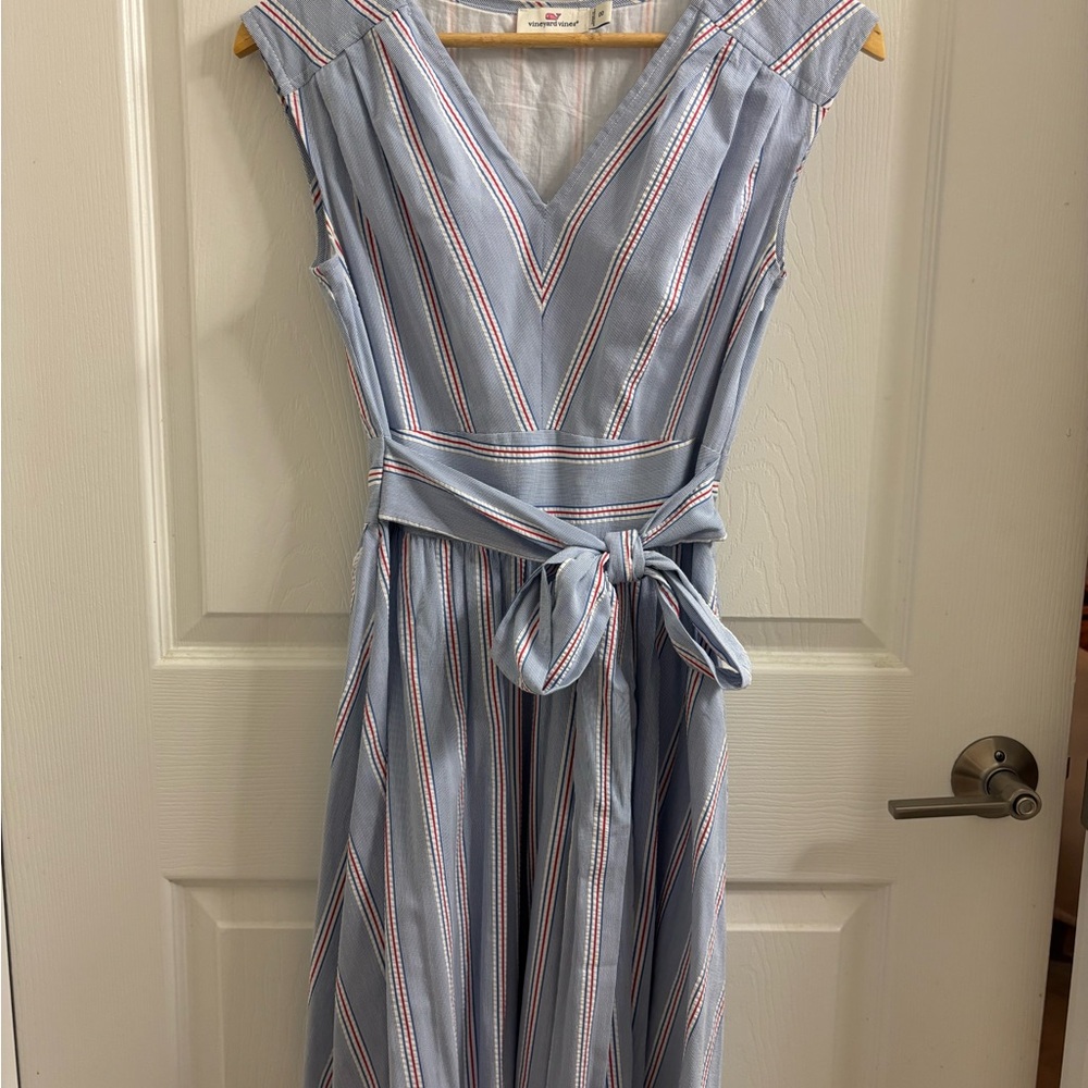 Vineyard Vines Blue Striped V-Neck Wrap Midi Dress